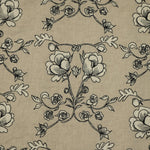 Detail of fabric in an embroidered floral print in black and white on a tan field.