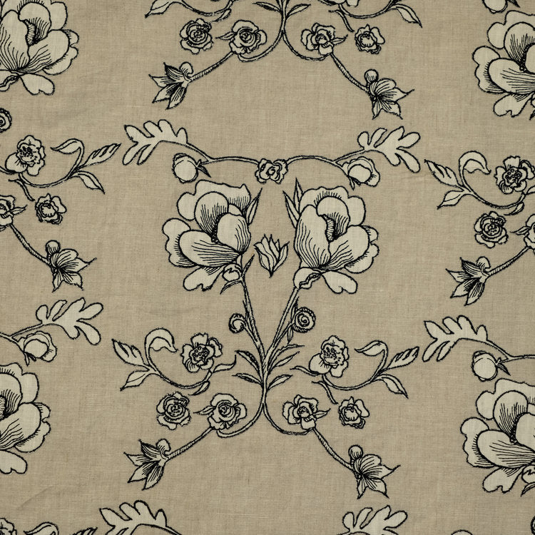 Detail of fabric in an embroidered floral print in black and white on a tan field.