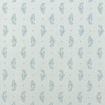 Detail of wallpaper in a floral paisley print in blue-gray on a light blue field.