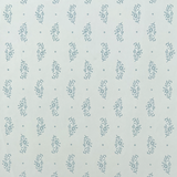 Detail of wallpaper in a floral paisley print in blue-gray on a light blue field.