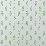 Detail of wallpaper in a floral paisley print in green on a blue-gray field.