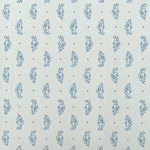 Detail of wallpaper in a floral paisley print in blue on a light blue field.