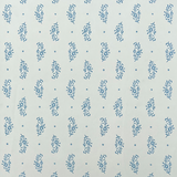 Detail of wallpaper in a floral paisley print in blue on a light blue field.