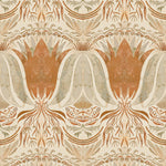 Detail of wallpaper in a floral damask print in shades of coral and gray on a cream field.