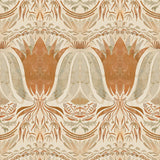 Detail of wallpaper in a floral damask print in shades of coral and gray on a cream field.