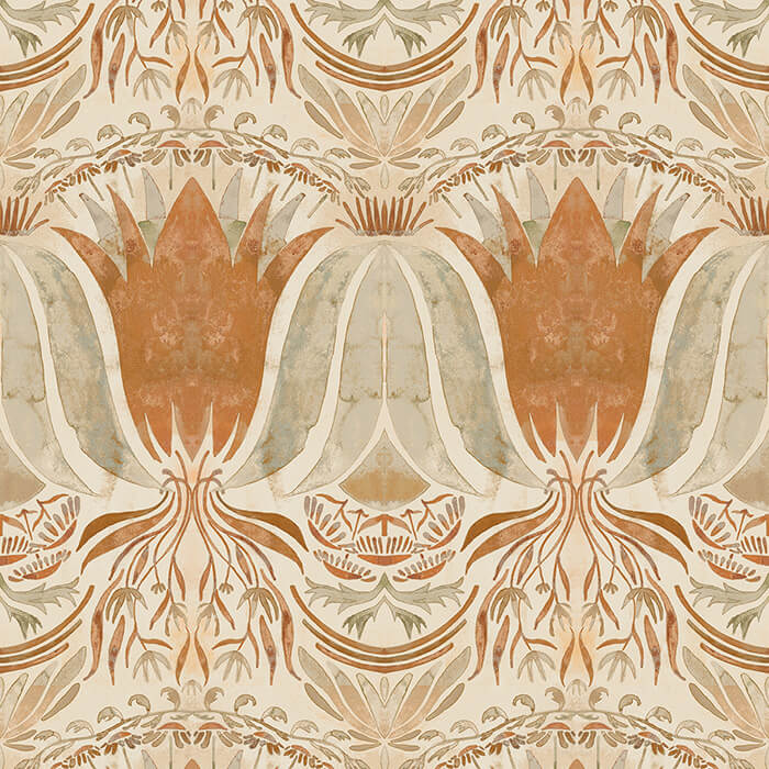 Detail of wallpaper in a floral damask print in shades of coral and gray on a cream field.