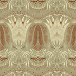 Detail of wallpaper in a floral damask print in shades of cream and brown on a sage field.