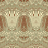 Detail of wallpaper in a floral damask print in shades of cream and brown on a sage field.