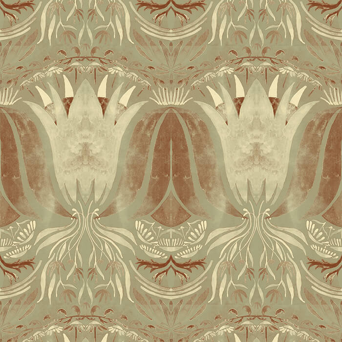 Detail of wallpaper in a floral damask print in shades of cream and brown on a sage field.