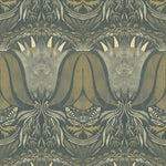 Detail of wallpaper in a floral damask print in shades of cream and gold on a navy field.