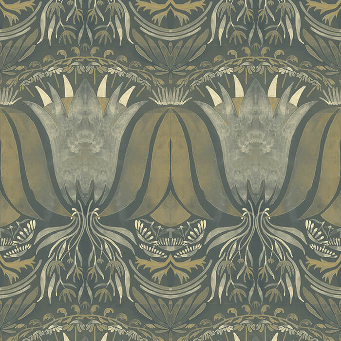 Detail of wallpaper in a floral damask print in shades of cream and gold on a navy field.
