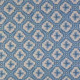 Detail of fabric in a playful floral grid print in shades of blue on a white field.