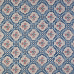 Detail of fabric in a playful floral grid print in blue, pink and navy on a white field.