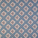 Detail of fabric in a playful floral grid print in blue, pink and navy on a white field.