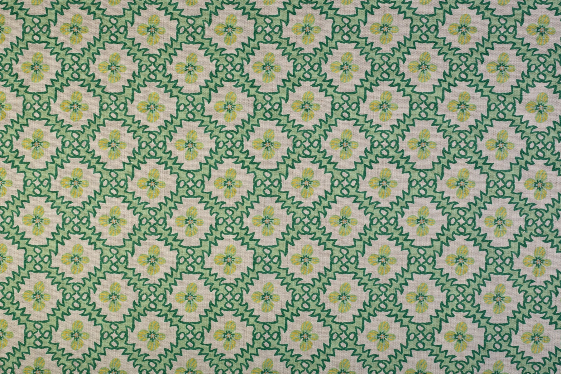 Detail of fabric in a playful floral grid print in green, yellow and blue on a white field.