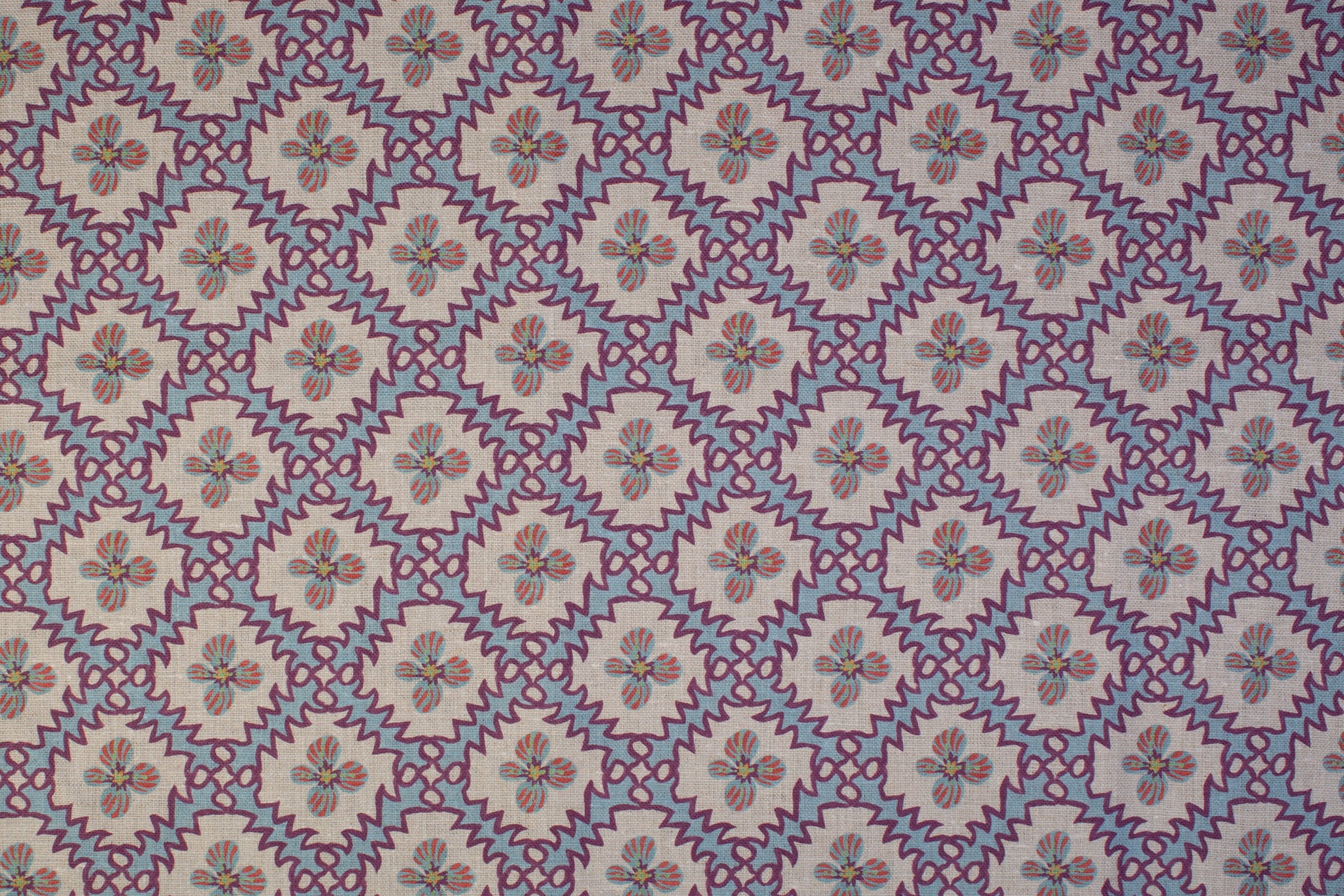 Detail of fabric in a playful floral grid print in blue, pink and purple on a white field.