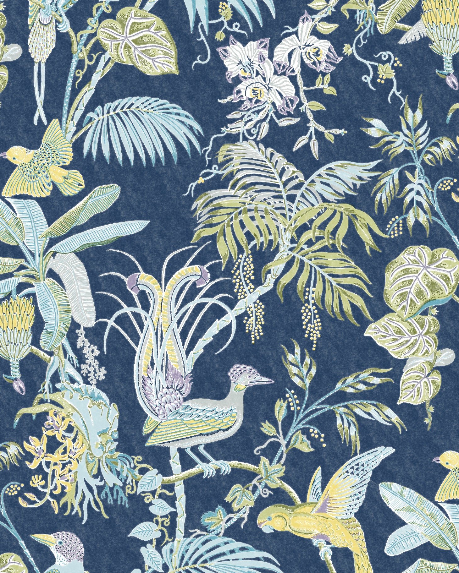 Detail of wallpaper in a dense bird and botanical print in shades of yellow and blue on a navy field.