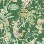 Detail of wallpaper in a dense bird and botanical print in shades of orange, pink and green on a green field.