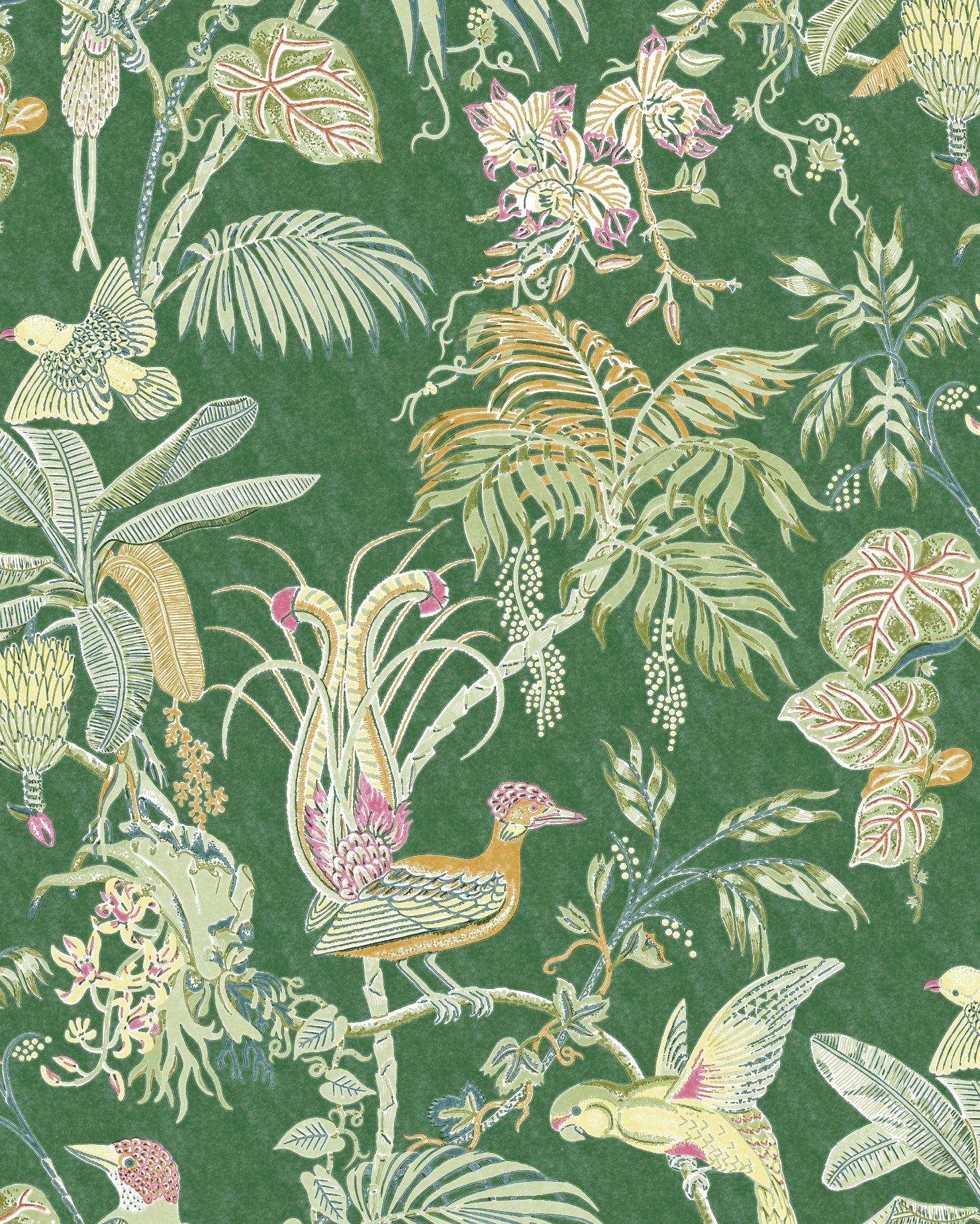 Detail of wallpaper in a dense bird and botanical print in shades of orange, pink and green on a green field.