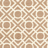 Detail of fabric in a geometric lattice print in light brown on a cream field.