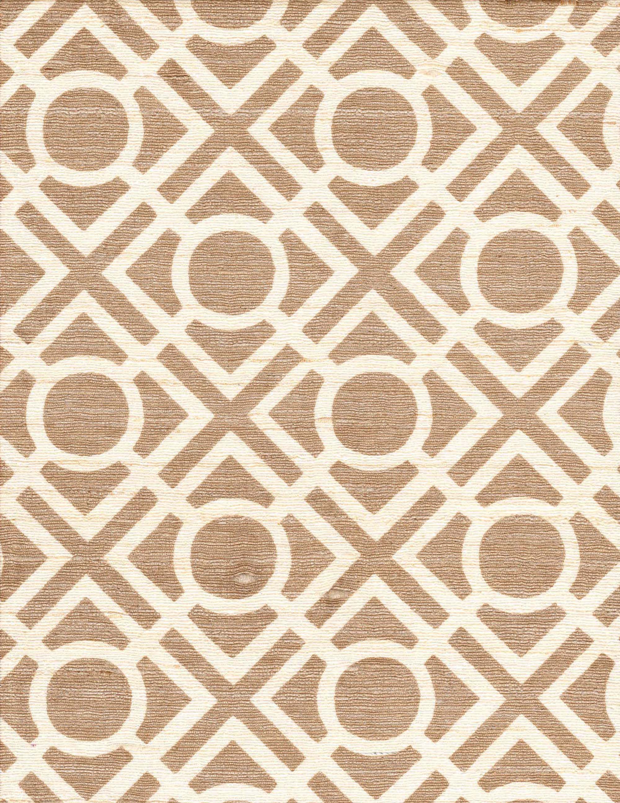 Detail of fabric in a geometric lattice print in light brown on a cream field.