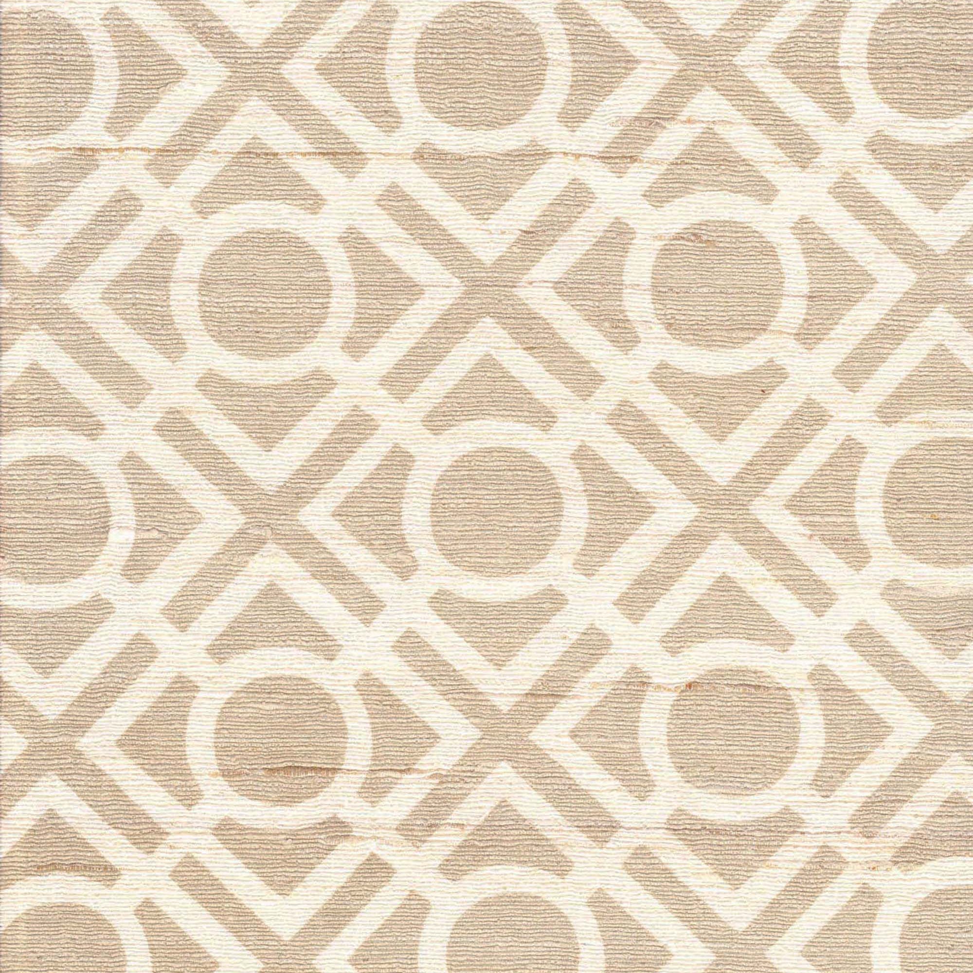 Detail of fabric in a geometric lattice print in tan on a cream field.