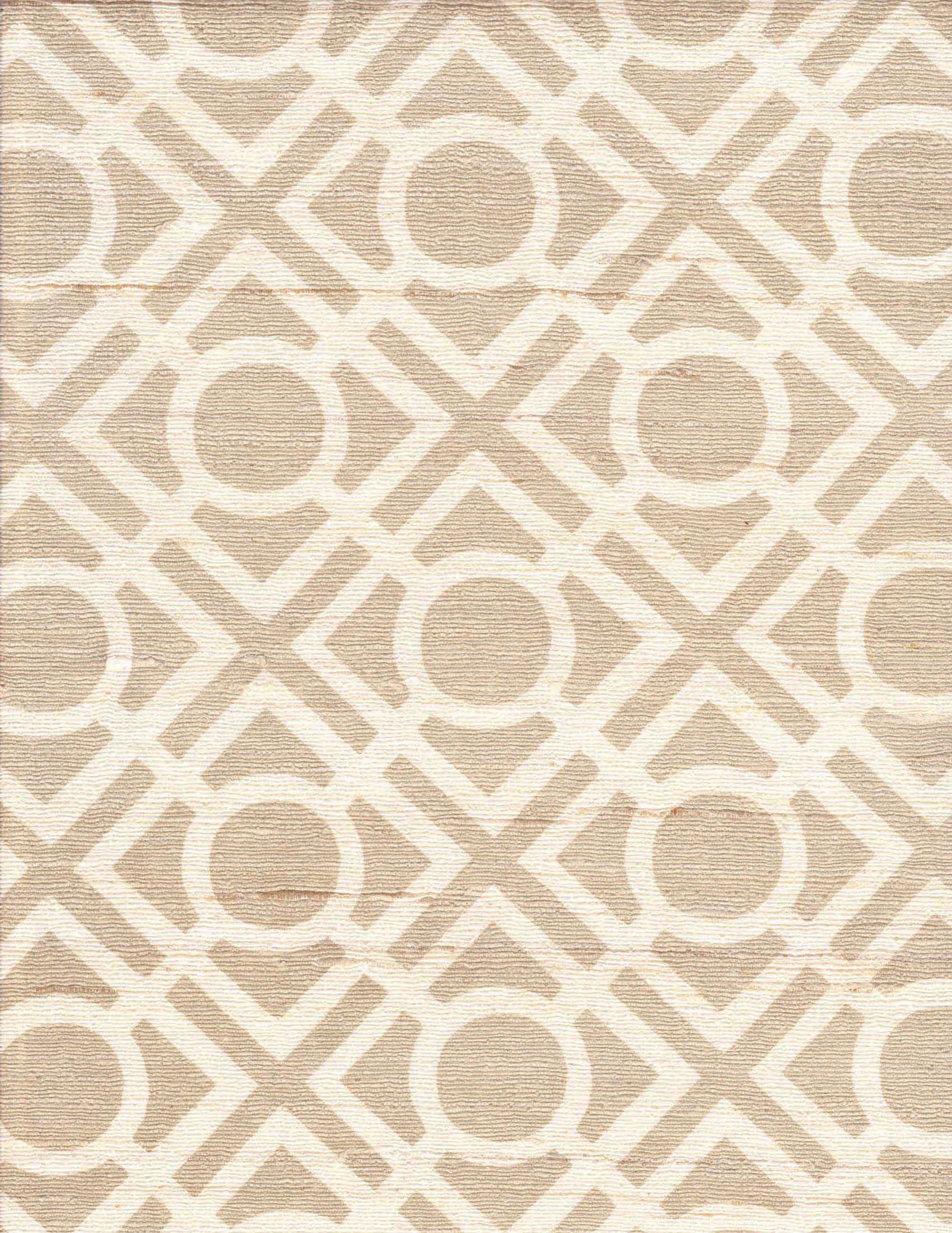 Detail of fabric in a geometric lattice print in tan on a cream field.