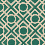 Detail of fabric in a geometric lattice print in turquoise on a cream field.