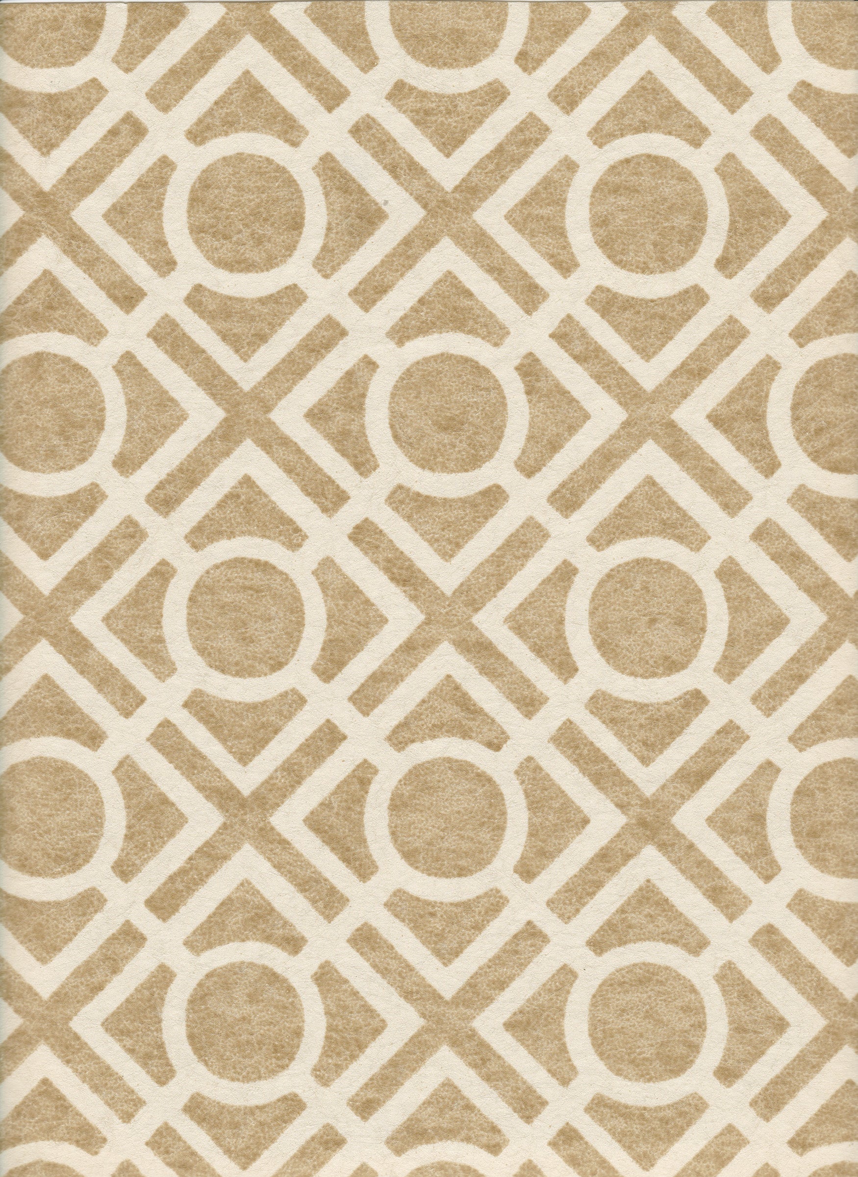 Detail of wallpaper in a geometric lattice print in light brown on a cream field.