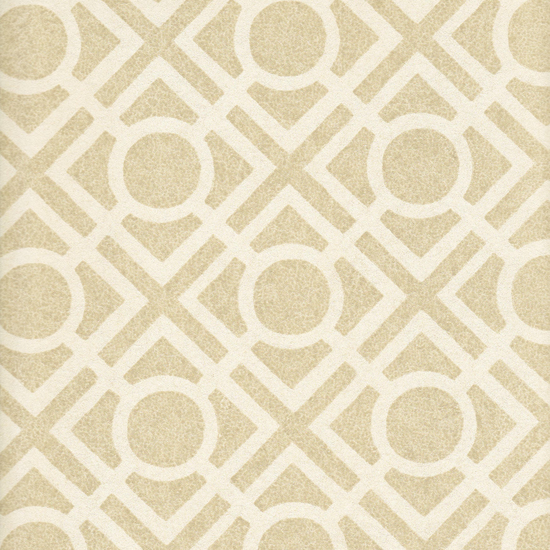 Detail of wallpaper in a geometric lattice print in tan on a cream field.