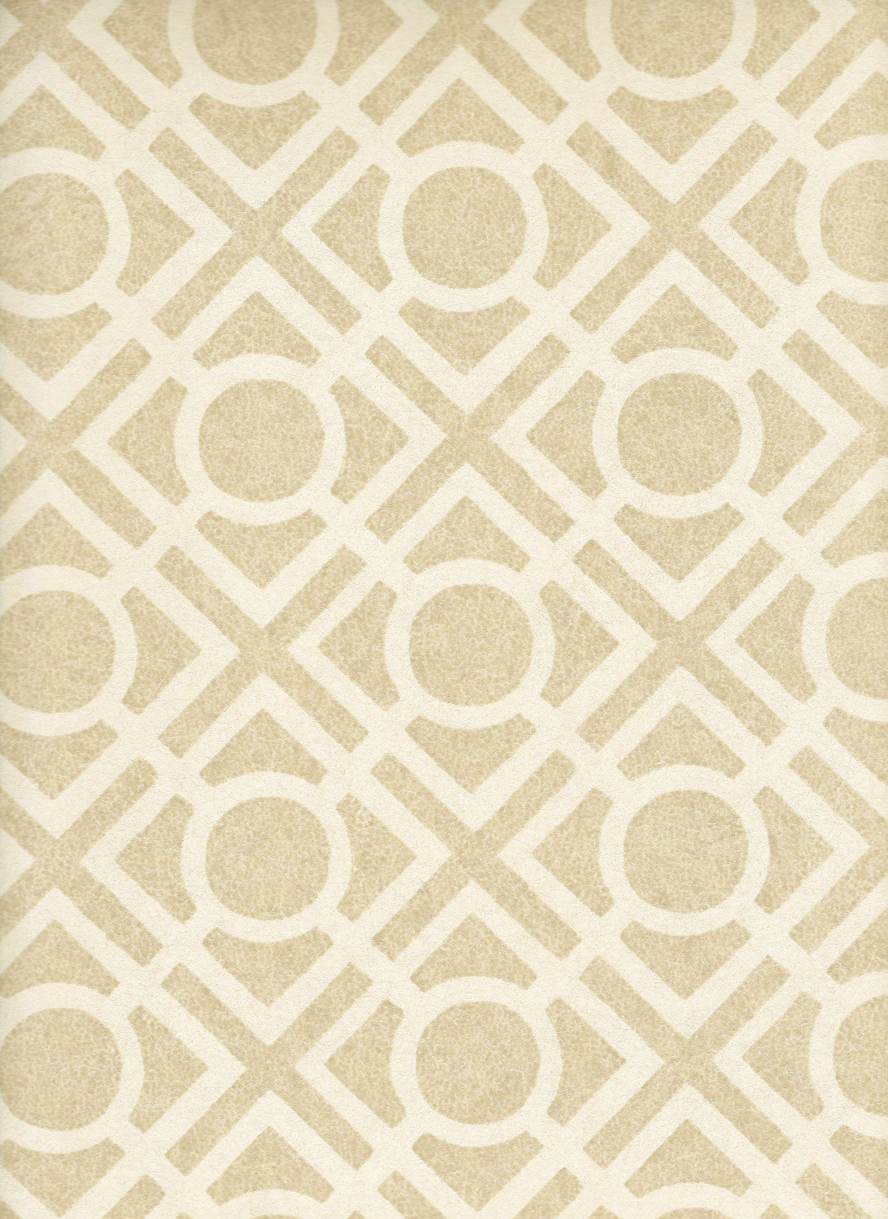 Detail of wallpaper in a geometric lattice print in tan on a cream field.