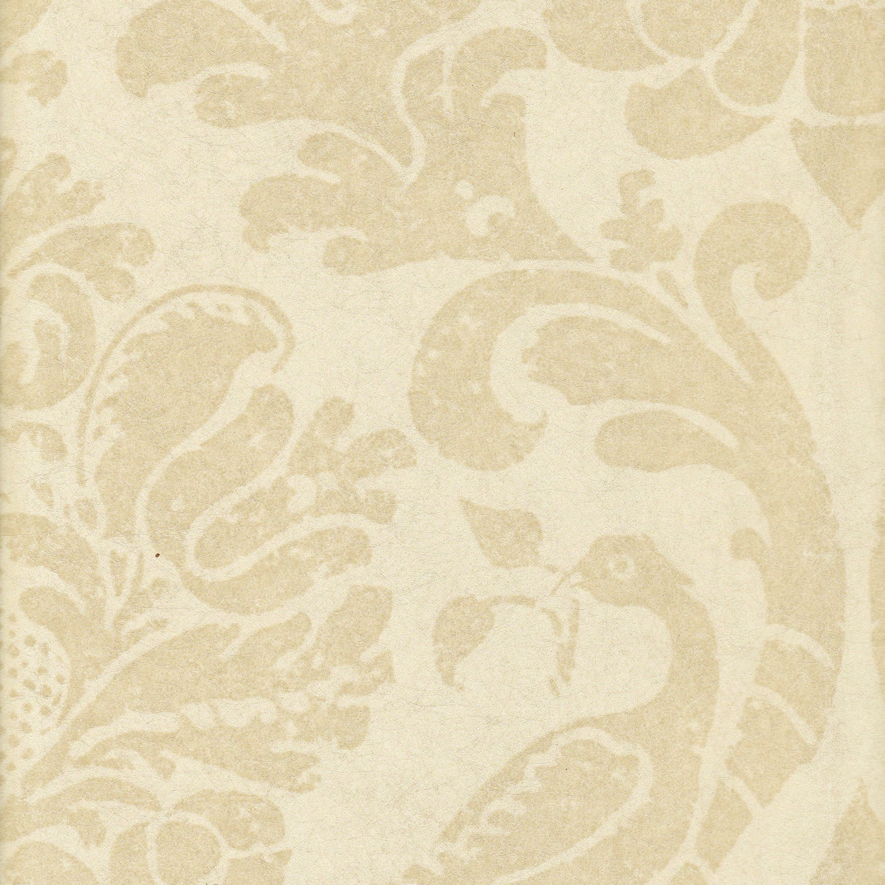 Detail of wallpaper in a botanical and bird print in tan on a cream field.