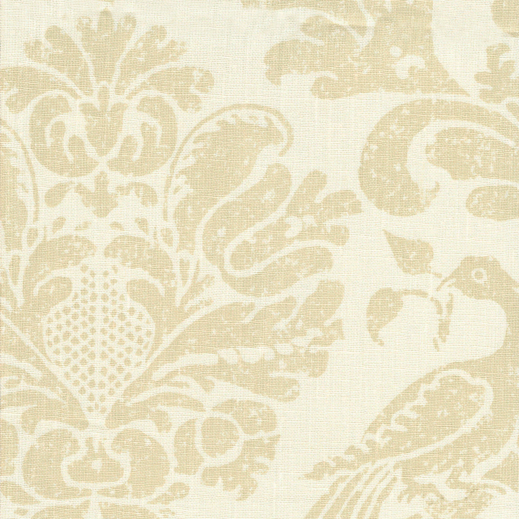 Detail of fabric in a botanical and bird print in tan on a cream field.