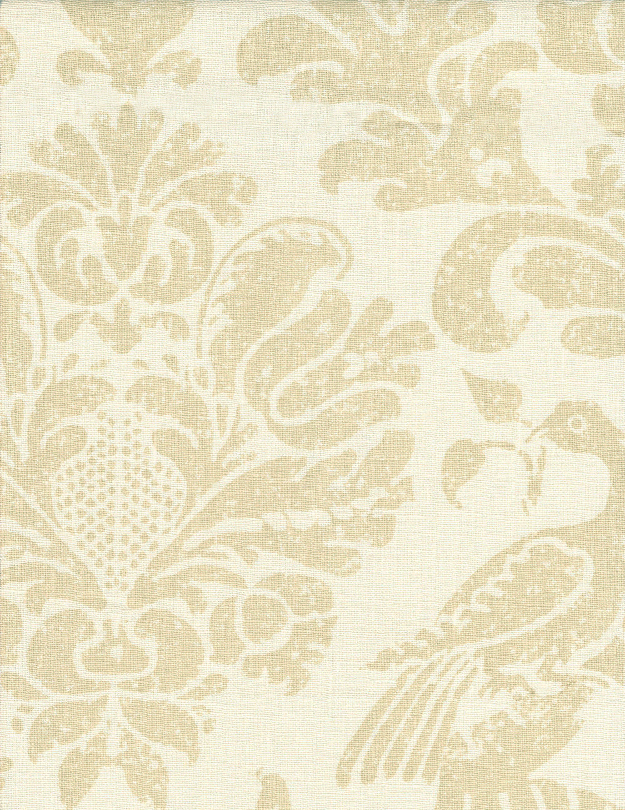 Detail of fabric in a botanical and bird print in tan on a cream field.