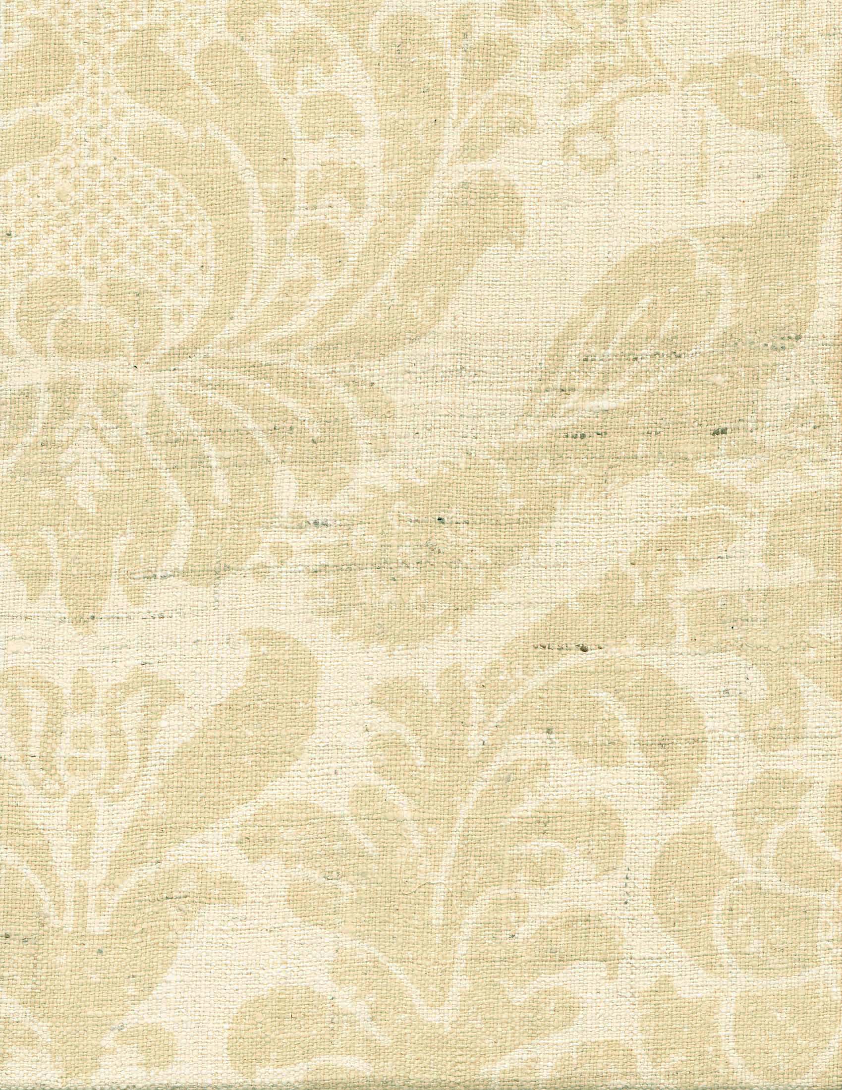 Detail of fabric in a botanical and bird print in tan on a cream field.