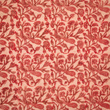 Detail of fabric in a dense peacock and floral print in red and brown on a pink field.