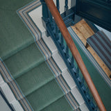 Striped flatweave runner in sage and grey on white staircase