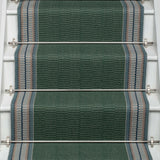 Striped flatweave runner in green and grey on white staircase