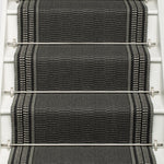 Striped flatweave runner in grey and black on white staircase