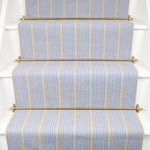 Striped flatweave runner in blue and grey on white staircase