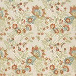 Printed fabric detail in a scrolling botanical print in sage green, turquroise and burnt orange. 