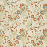 Printed fabric detail in a scrolling botanical print in sage green, turquroise and burnt orange. 