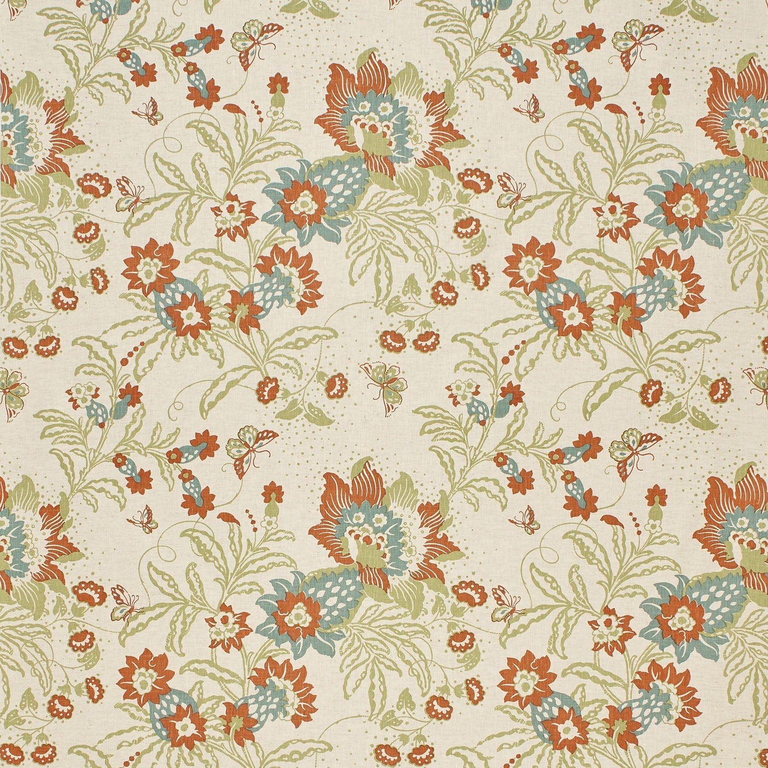 Printed Wallpaper detail in a scrolling botanical print in sage green, turquroise and burnt orange. 