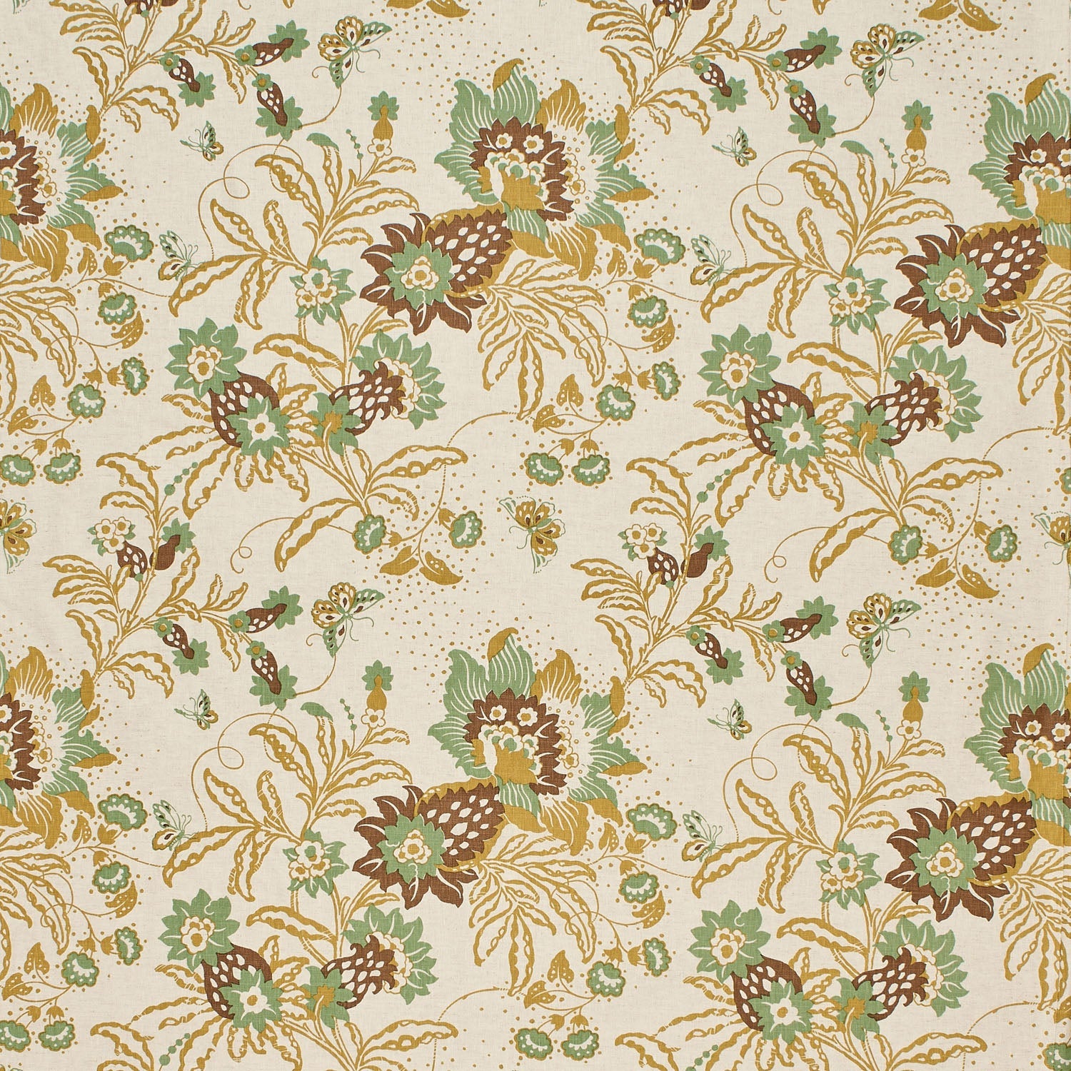 Printed Wallpaper detail in a scrolling botanical print in ochre yellow, brown and light green. 