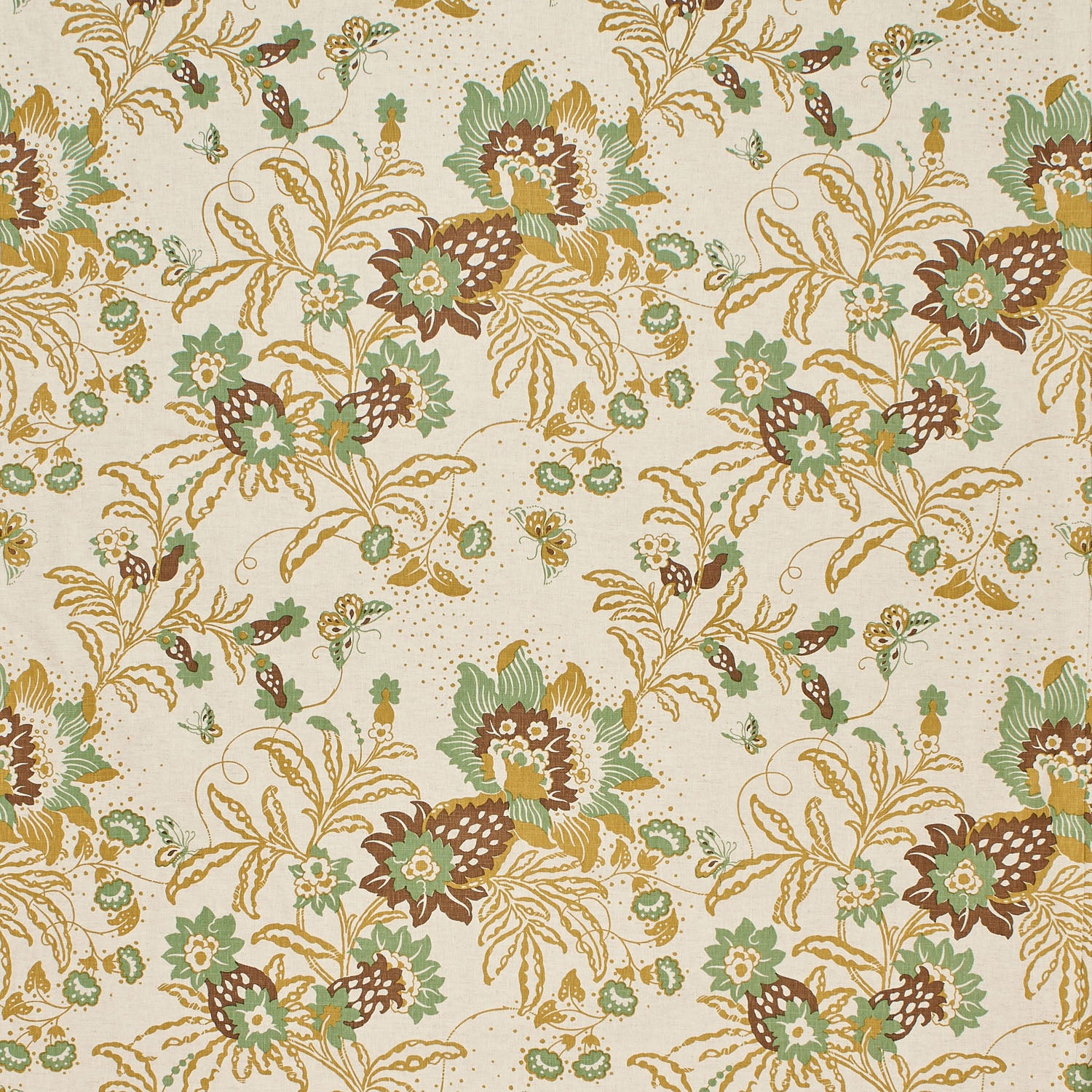 Printed fabric detail in a scrolling botanical print in ochre yellow, brown and light green. 