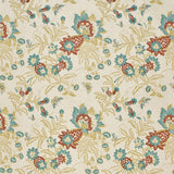 Printed fabric detail in a scrolling botanical print in tan, turquoise and burnt sienna.