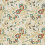 Printed Wallpaper detail in a scrolling botanical print in tan, turquoise and burnt sienna.