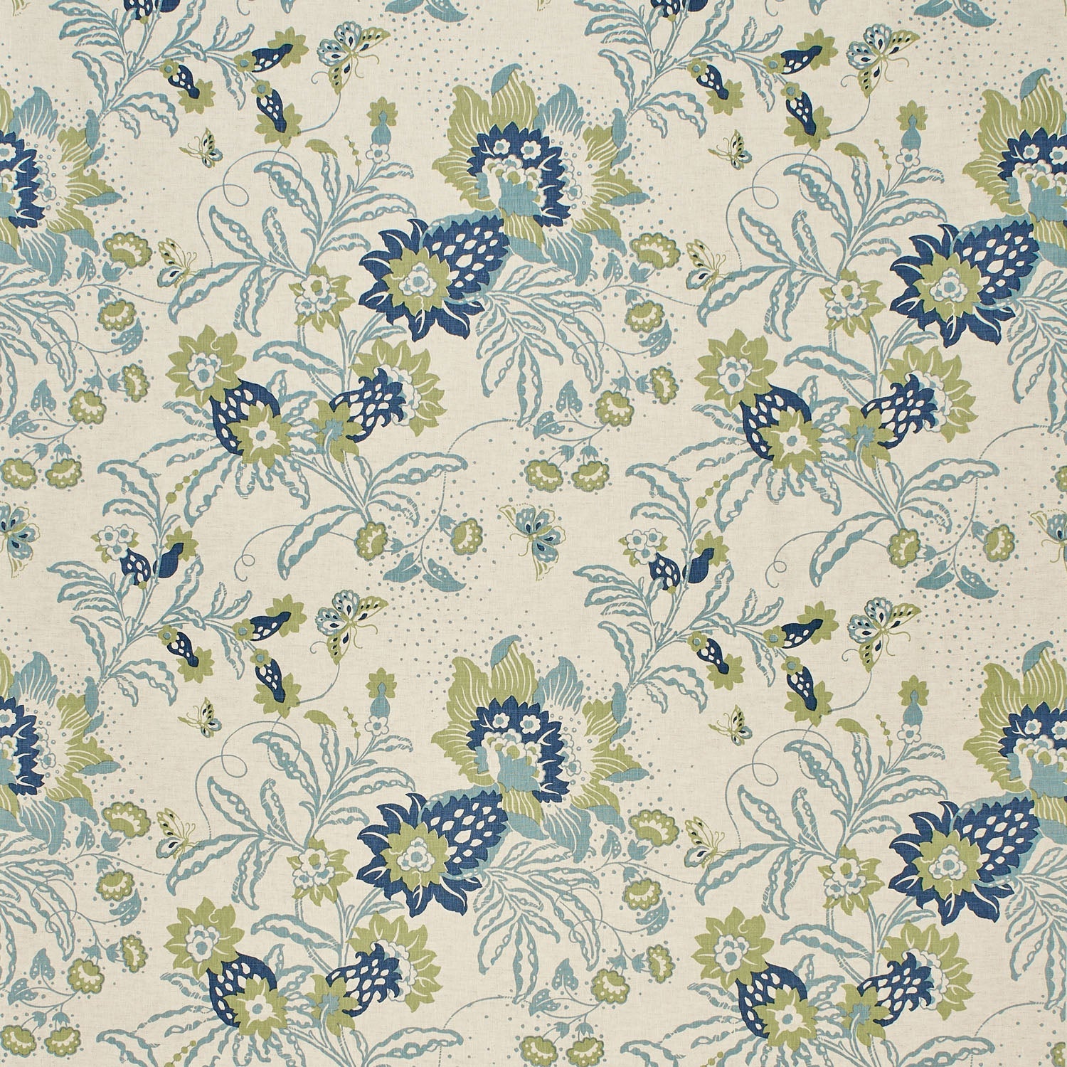 Printed Wallpaper detail in a scrolling botanical print in bright blue, marine blue and light green. 