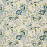 Printed Wallpaper detail in a scrolling botanical print in bright blue, marine blue and light green. 