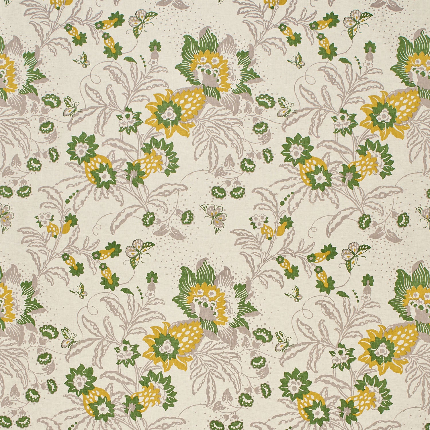 Printed fabric detail in a scrolling botanical print in light grey, yellow and green.